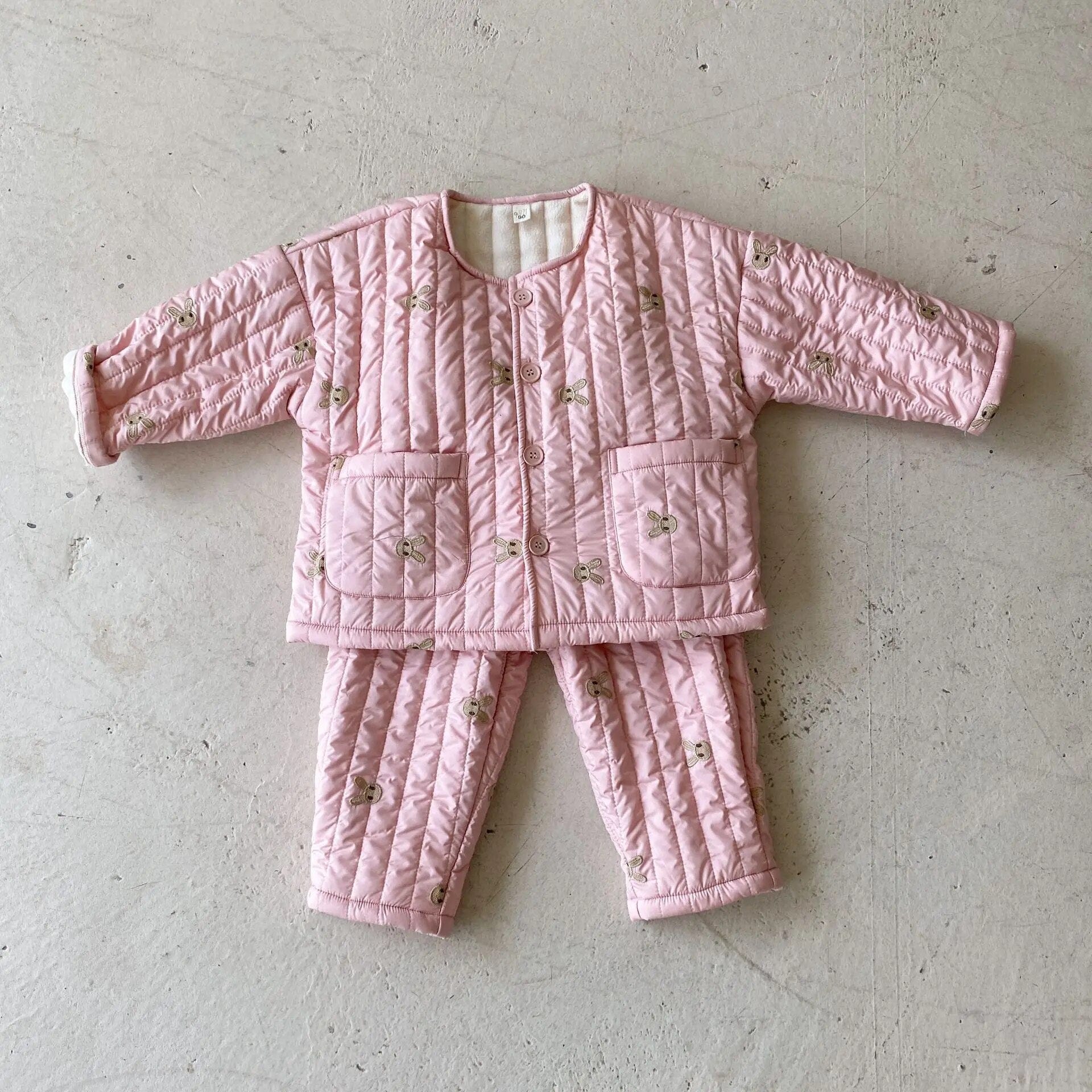 長袖パジャマ Pink / 80cm キッズ くま ベア 刺繍 キルティング パジャマ セット