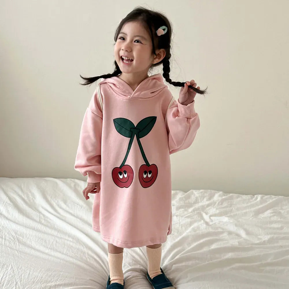 長袖ワンピース pink / 80cm キッズワンピース フーディスウェット長袖ワンピース チェリーさくらんぼプリント ピンク/ライトグレー/2カラー