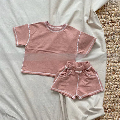 半袖セットアップ Pink / 80cm キッズセットアップ 2点セット 半袖Tシャツ+ショートパンツ ステッチアクセント シンプルベーシック【mh0005669】