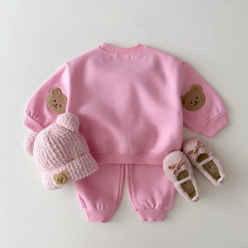 長袖セットアップ pink / 80cm / 取り寄せ（3〜14日） ☺︎ キッズセットアップ 2点セット スウェットトレーナー スウェットパンツ ベアくまワッペン 6カラー