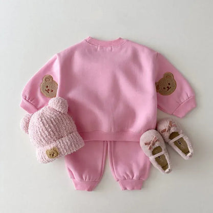 長袖セットアップ pink / 80cm / 取り寄せ（3〜14日） ☺︎ キッズセットアップ 2点セット スウェットトレーナー スウェットパンツ ベアくまワッペン 6カラー