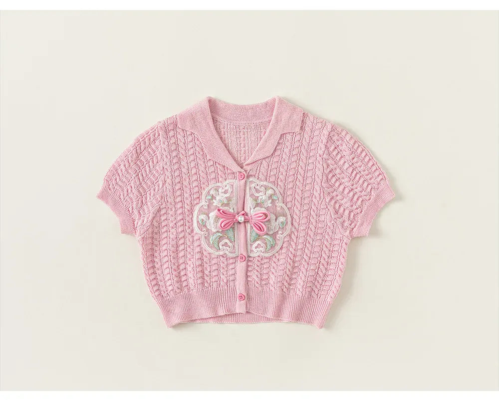 カーディガン・パーカー pink / 80cm 9-12m キッズトップス レースニット 半袖カーディガン レースフラワー刺繍 襟付きジャケット 2カラー