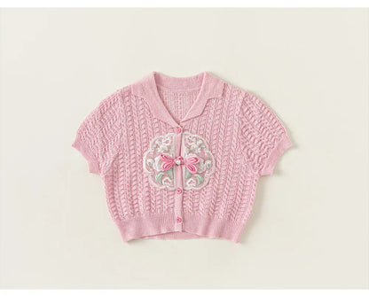 カーディガン・パーカー pink / 80cm 9-12m キッズトップス レースニット 半袖カーディガン レースフラワー刺繍 襟付きジャケット 2カラー
