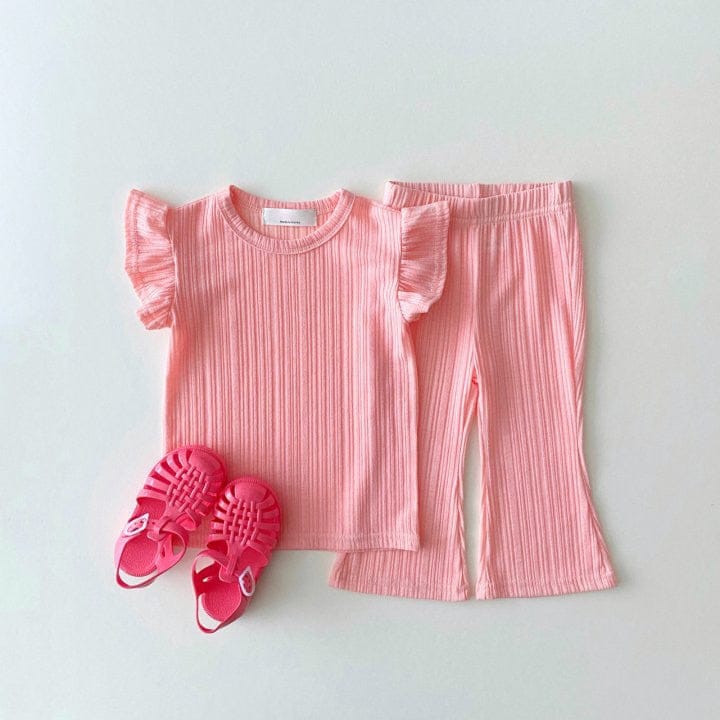 半袖セットアップ Pink / 80cm キッズ セットアップ 半袖 フリルスリーブ Tシャツ フレア ロングパンツ ガールズ 6535B