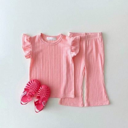 半袖セットアップ Pink / 80cm キッズ セットアップ 半袖 フリルスリーブ Tシャツ フレア ロングパンツ ガールズ 6535B