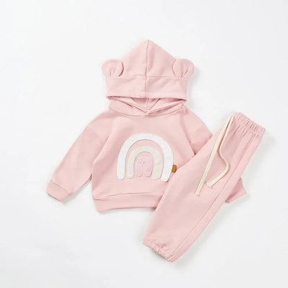 長袖セットアップ Pink / 9-12M 73cm ベビーキッズセットアップ 2点セット くま耳フーディレインボー刺繍スウェットシャツ+ロングパンツ 4カラー【mh0006949】
