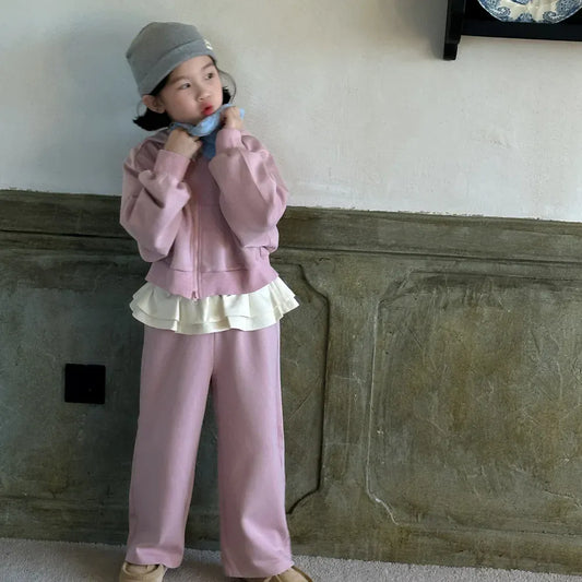 長袖セットアップ Pink / 90cm 1-2y キッズセットアップ 2点セット ペプラムフリルドッキングフーディジッパー長袖スウェットパーカー+スウェットロングパンツ ピンク【mh0007344】