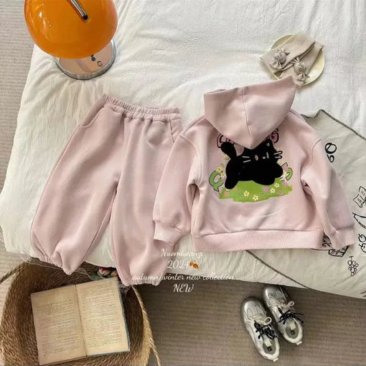 長袖セットアップ Pink / 90cm 1-2y キッズセットアップ 2点セット バックアニマルアップリケジップアップフーディスウェットジャケット+ロングスウェットパンツ【mh0007662】