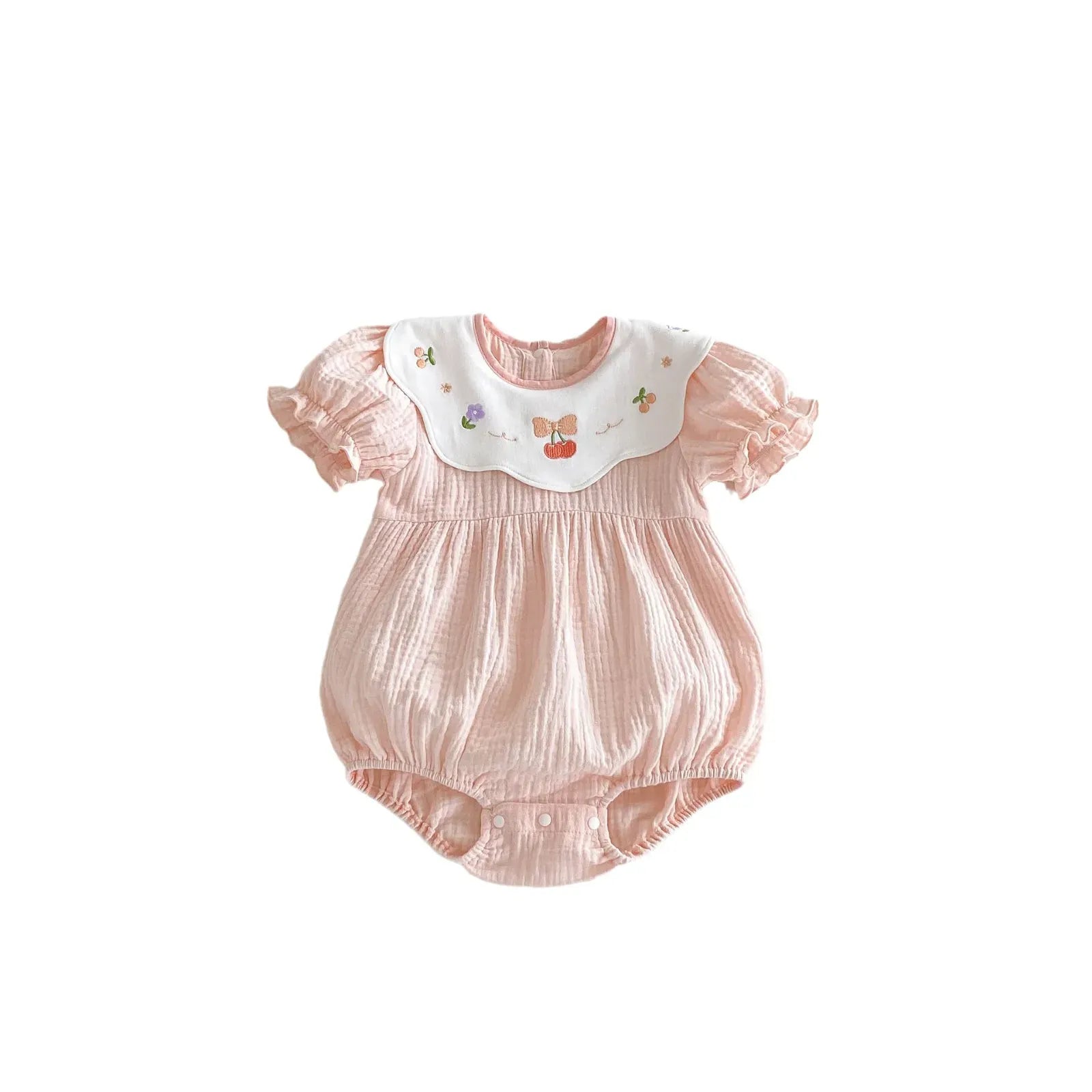 半袖ロンパース Pink / 90cm 1-2y ベビーロンパース 半袖ガーゼボディスーツ 刺繍サークル襟【mh0005610】