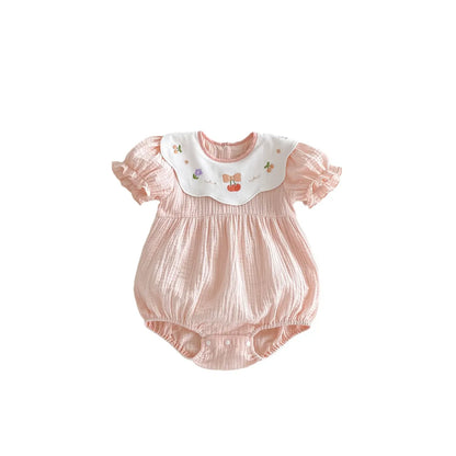 半袖ロンパース Pink / 90cm 1-2y ベビーロンパース 半袖ガーゼボディスーツ 刺繍サークル襟【mh0005610】