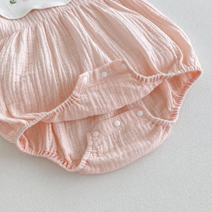 半袖ロンパース Pink / 90cm 1-2y ベビーロンパース 半袖ガーゼボディスーツ 刺繍サークル襟【mh0005610】