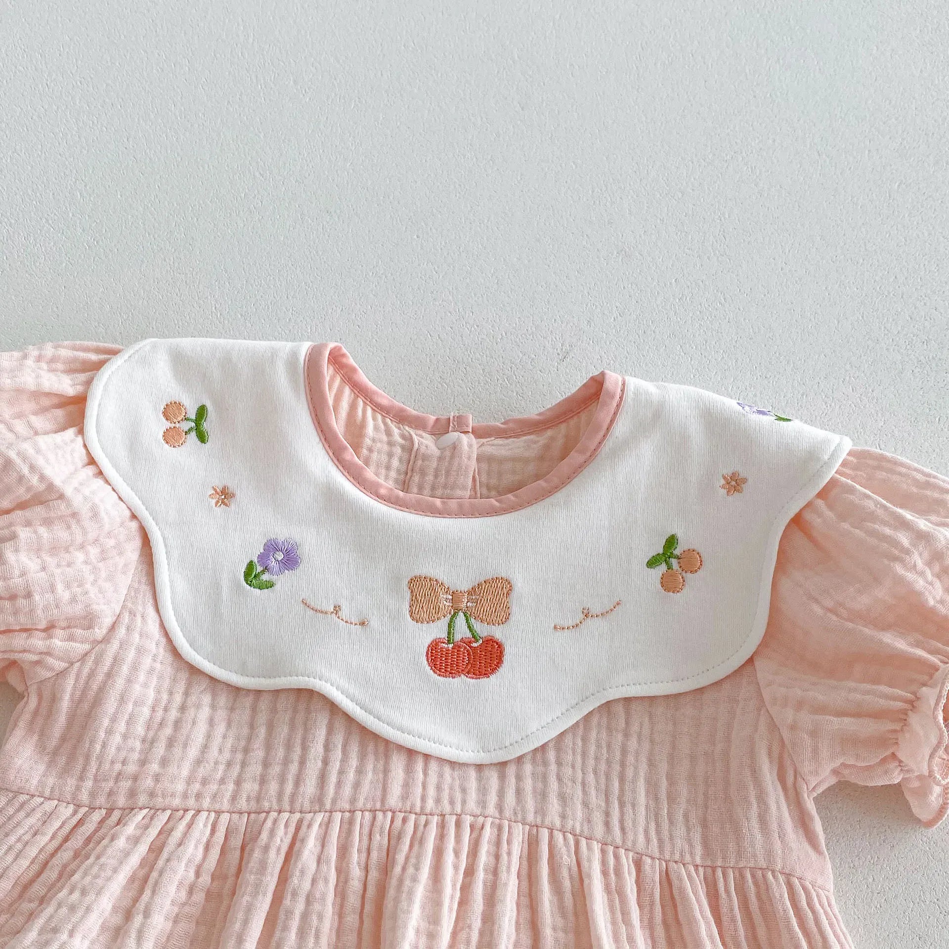 半袖ロンパース Pink / 90cm 1-2y ベビーロンパース 半袖ガーゼボディスーツ 刺繍サークル襟【mh0005610】