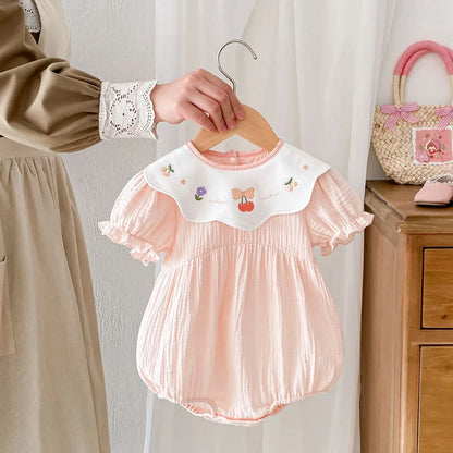 半袖ロンパース Pink / 90cm 1-2y ベビーロンパース 半袖ガーゼボディスーツ 刺繍サークル襟【mh0005610】