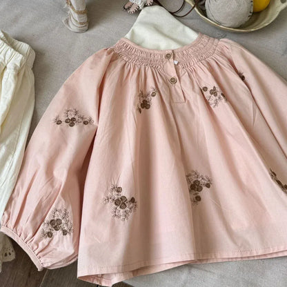 長袖シャツ・ブラウス Pink / 90cm 1-2y キッズトップス フラワー刺繍長袖チュニックブラウス ピンク【mh0007101】