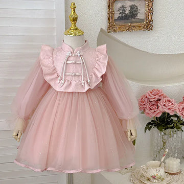 長袖ワンピース Pink / 90cm 1-2y キッズワンピース チュチュチュールレースチャイナボタン長袖ドレスワンピース【mh0007659】