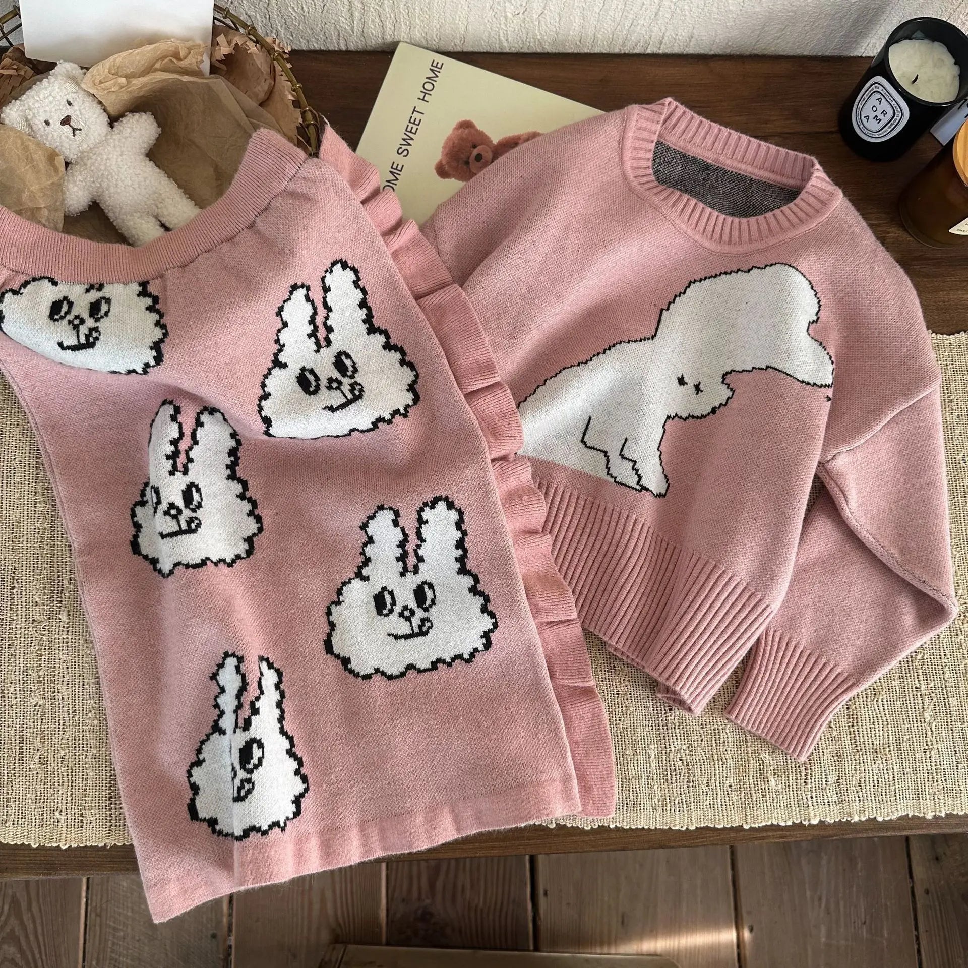 長袖セットアップ pink / 90cm キッズセットアップ 2点セット ニットセーター ロングスカート うさぎバニー 2カラー