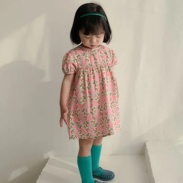 半袖ワンピース Pink / 90cm キッズワンピース 半袖プリントワンピース フラワー花柄プリント 2カラー【mh0005662】