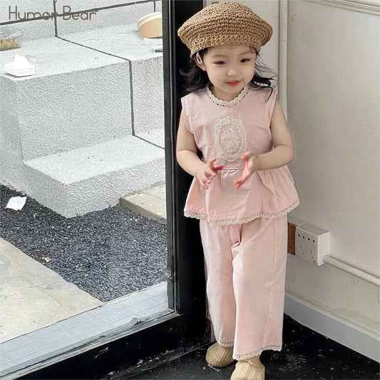 ノースリーブセットアップ Pink / 90cm キッズセットアップ 2点セットアップ ノースリーブペプラムブラウス+ルーズロングパンツ レース刺繍 お出かけ ピンク【mh0005731】