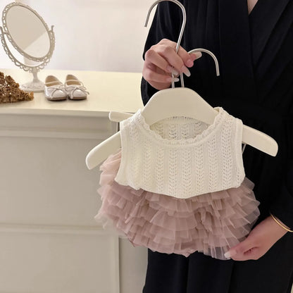 ノースリーブセットアップ Pink / 90cm キッズセットアップ 2点セット ノースリーブレースTシャツ+チュチュチュールフリルブルマパンツ【mh0006528】