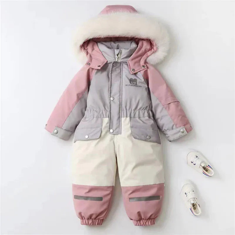 アウタージャンプスーツ Pink / 90cm キッズスキーウェア パッチワークフーディ防寒ジャンプスーツつなぎ スポーツウェア 3カラー【mh0007611】