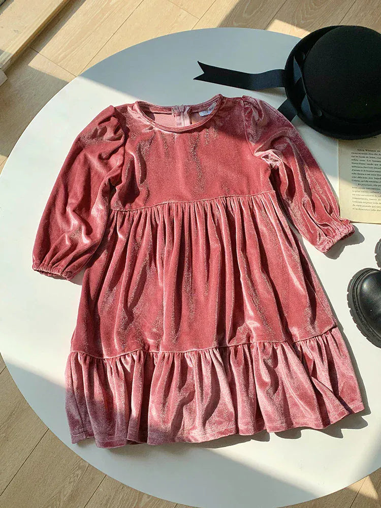 長袖ワンピース pink / 90cm キッズワンピース ベロア調長袖ワンピース パーティドレス お出かけ 4カラー