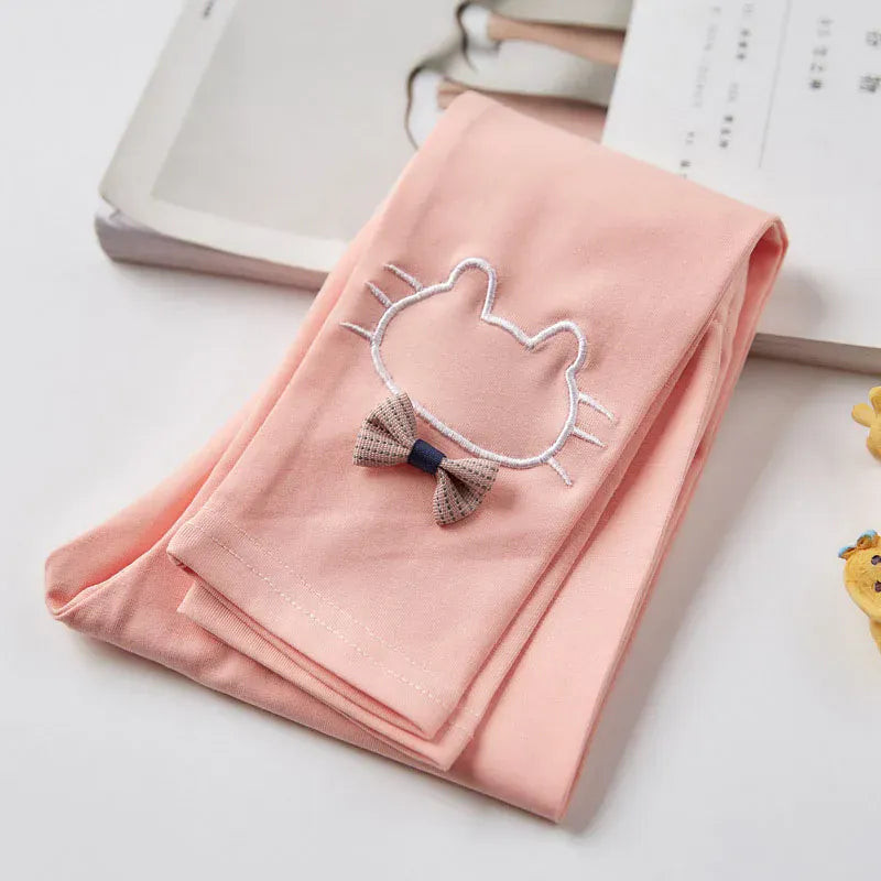 レギンスパンツ Pink / 90cm キッズパンツ レギンスパンツ ねこキャットリボン刺繍 スパッツ 5カラー【mh0006451】