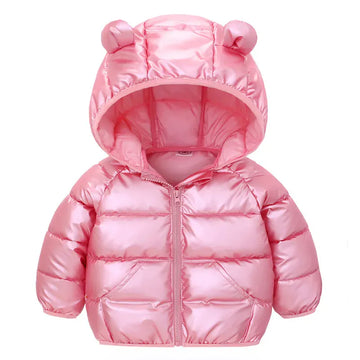 ショートコート・ジャケット・ジャンパー Pink / 90cm キッズアウター くま耳フーディ中綿キルティングシャイニーダウンジャケット メタリック5カラー【mh0007677】