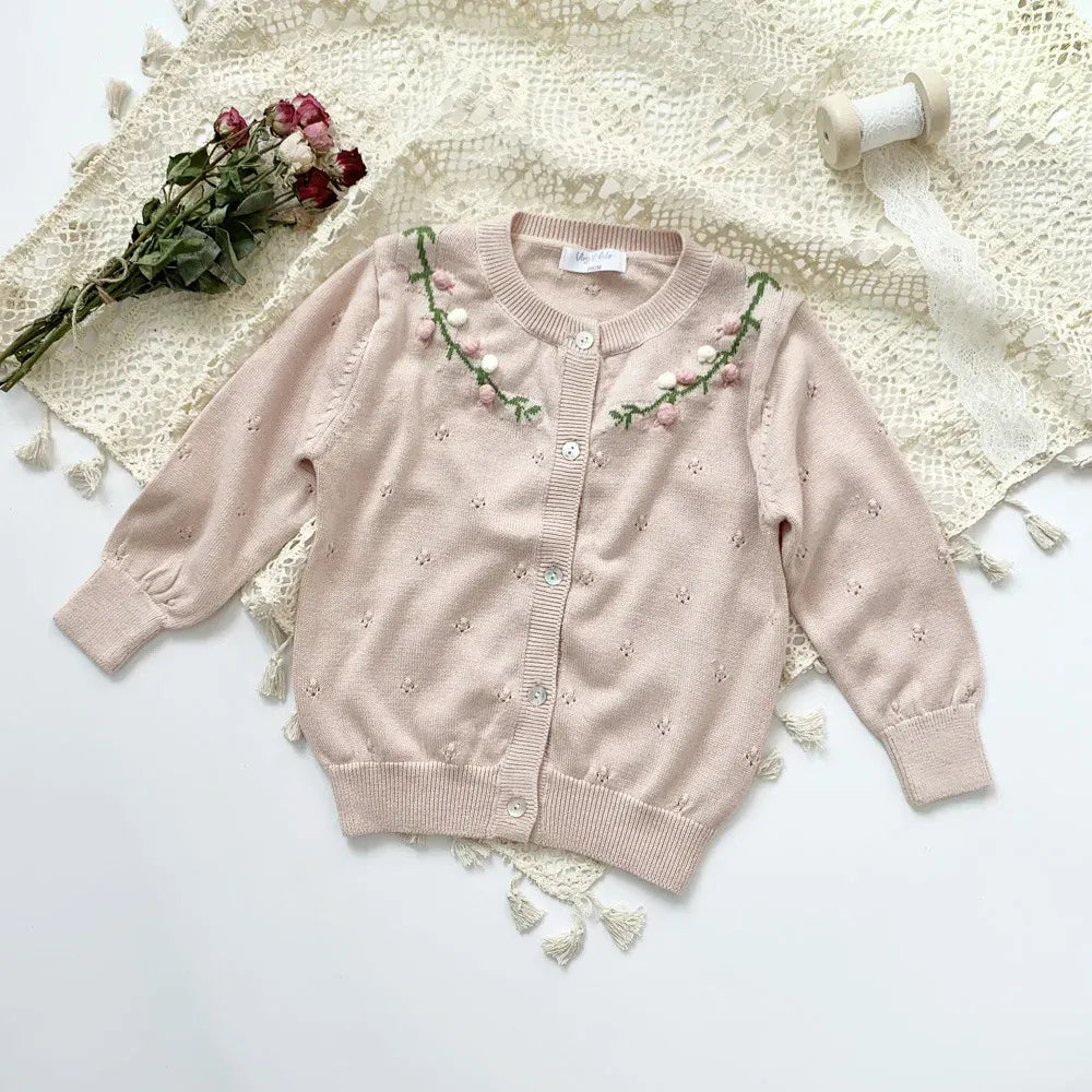 カーディガン・パーカー pink / 90cm / 取り寄せ（7〜21日） キッズカーディガン ニットジャケット フラワー花柄刺繍 ピンク/ブルー/2カラー