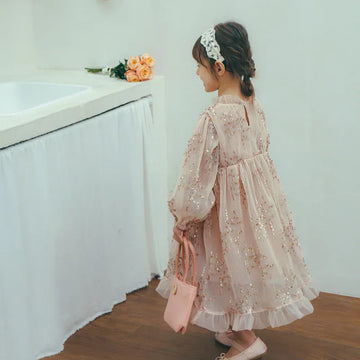 長袖ワンピース Pink / 90cm キッズワンピース スパンコール 長袖パフスリーブ シフォンドレス パーティドレス ピンク【mh0004261】