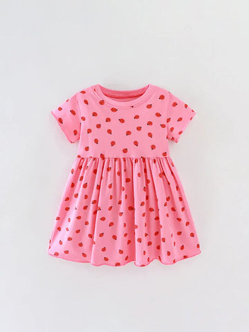 半袖ワンピース Pink / 90cm キッズワンピース 半袖プリントワンピース レディバグ てんとう虫 ピンク【mh0005497】