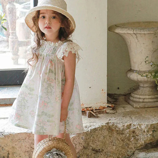 半袖ワンピース Pink / 90cm キッズワンピース 半袖レースフリルスリーブ サマードレス フラワー花柄プリント【mh0005828】