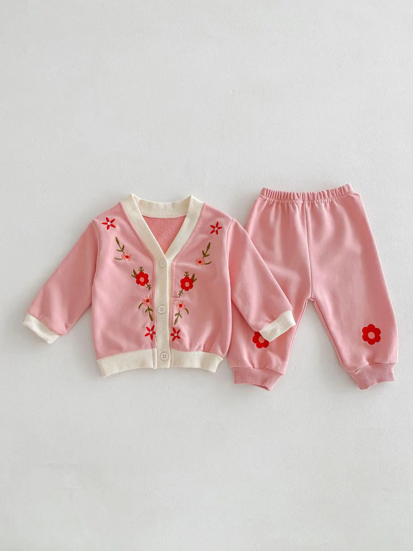 長袖セットアップ pink / 9M  73cm ベビーセットアップ 2点セット カーディガン+スウェットパンツ フラワー花柄刺繍 2カラー