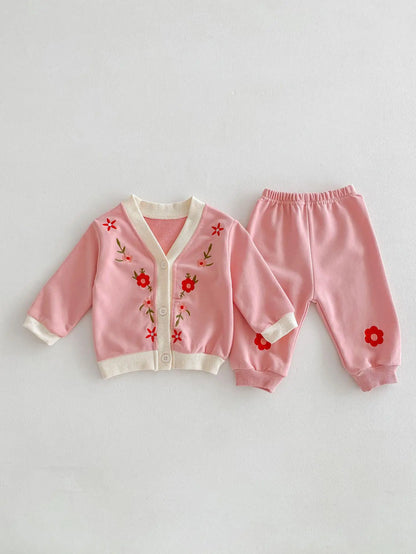 長袖セットアップ pink / 9M  73cm ベビーセットアップ 2点セット カーディガン+スウェットパンツ フラワー花柄刺繍 2カラー