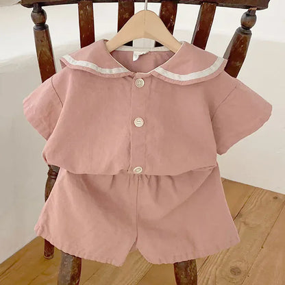 半袖セットアップ Pink / 9M  73CM ベビーキッズセットアップ 2点セット セーラーカラー半袖シャツ+ショートパンツ 3カラー【mh0004768】
