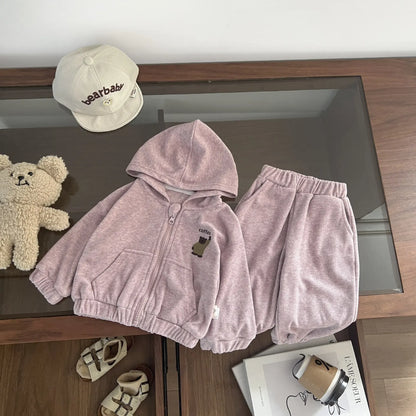 長袖セットアップ Pink / 9M  73CM ベビーキッズセットアップ 2点セット ベアくまワンポイントジップアップ長袖スウェットフーディジャケット+ロングスウェットパンツ【mh0008702】