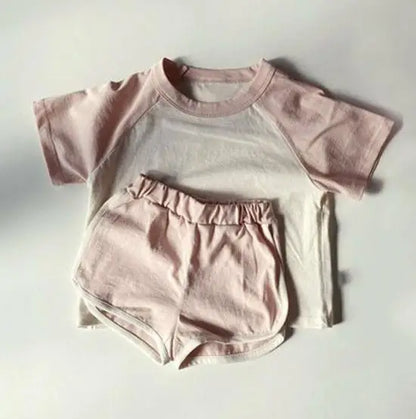 半袖セットアップ pink / 9M  73cm キッズセットアップ 2点セット パッチワーク カラフル 半袖Tシャツ+ショートパンツ ユニセックス