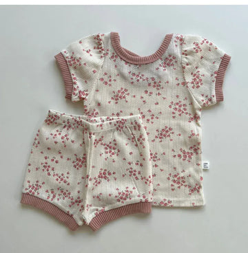 半袖セットアップ Pink / 9M 73cm ベビーセットアップ 2点セット半袖Tシャツ+ショートパンツ フラワー花柄プリント 3カラー【mh0006069】