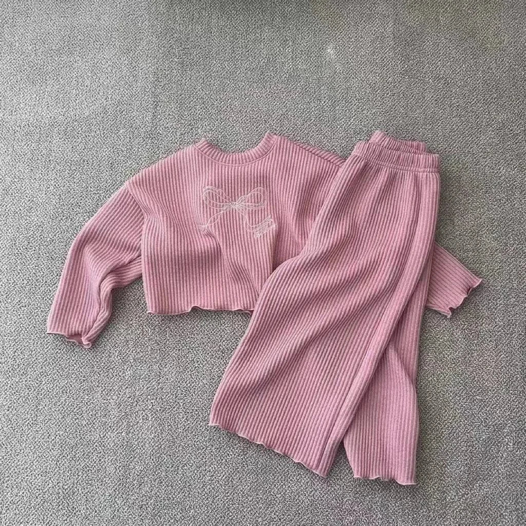 長袖セットアップ Pink / 9M  73CM キッズセットアップ 2点セット リボン刺繍リブ長袖Tシャツ+ロングワイドリブパンツ【mh0008726】