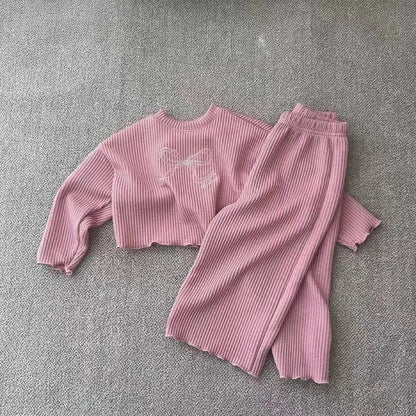 長袖セットアップ Pink / 9M  73CM キッズセットアップ 2点セット リボン刺繍リブ長袖Tシャツ+ロングワイドリブパンツ【mh0008726】