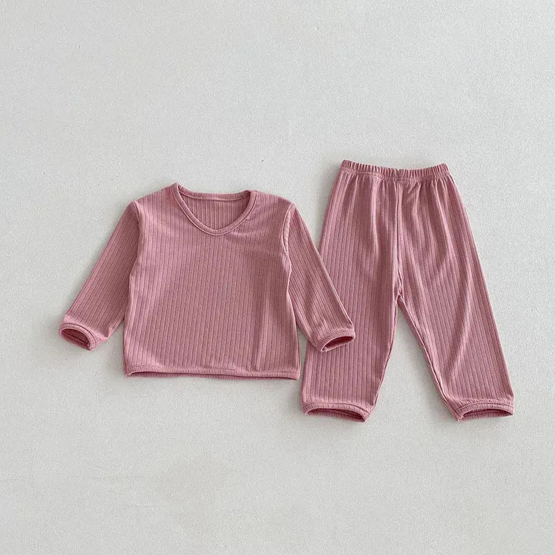 長袖パジャマ Pink / 9M 73cm ベビーセットアップ 2点セット 長袖パジャマセット Vネック長袖Tシャツ+ロングパンツ シンプルベーシック ルームウェア 3カラー【mh0006452】