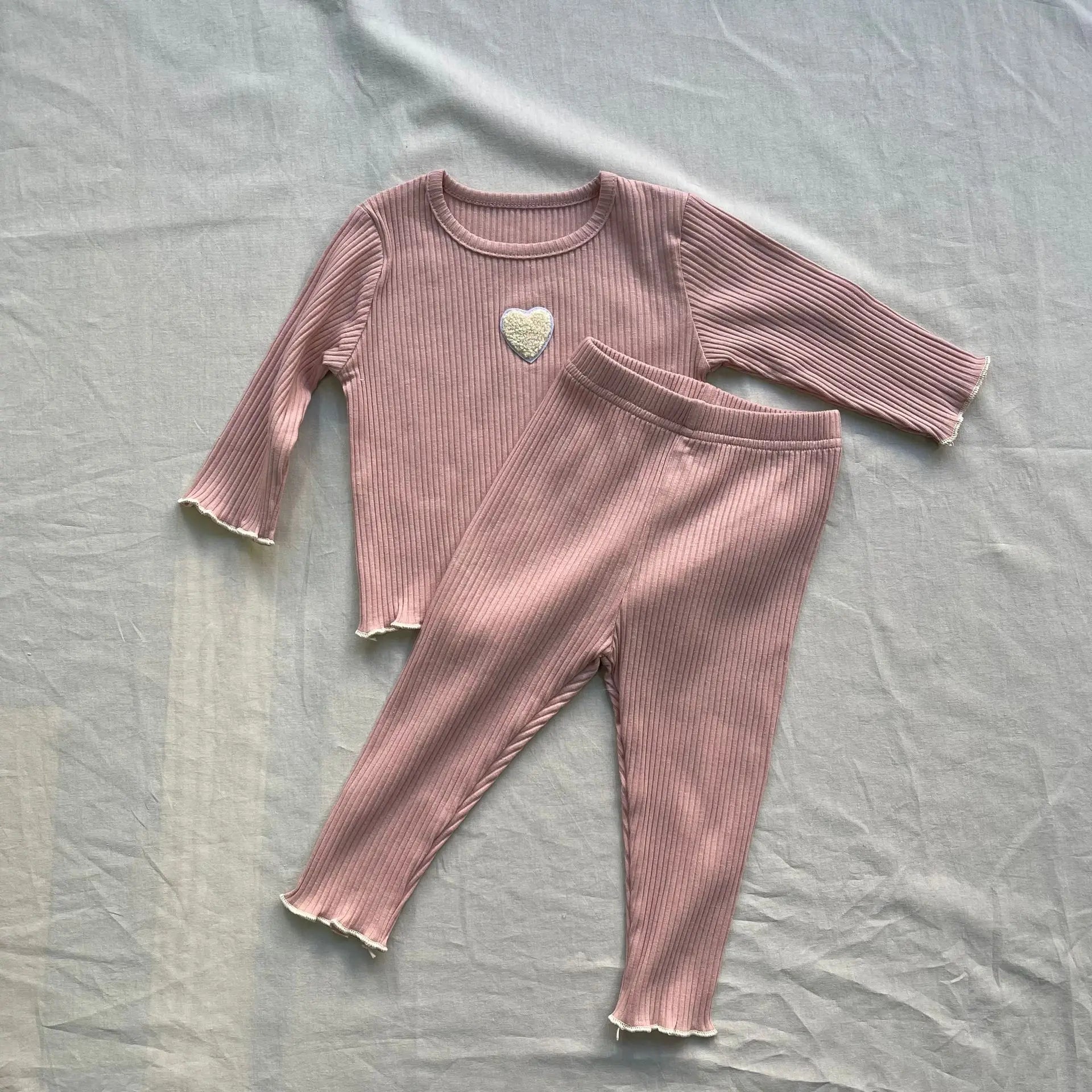 長袖パジャマ Pink / 9M  73CM ベビーパジャマセット ハート長袖リブTシャツ+ロングパンツ【mh0008840】
