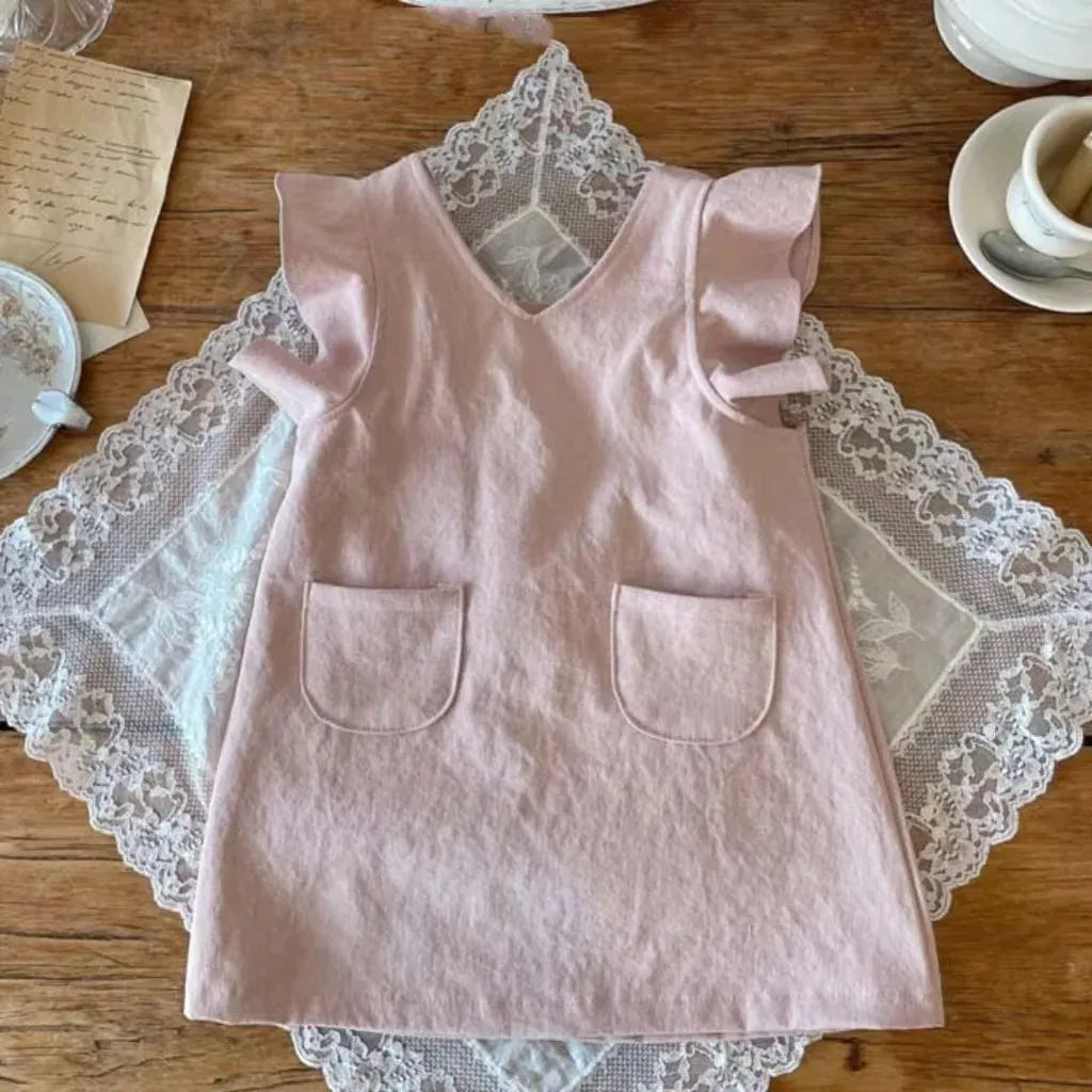 ノースリーブワンピース Pink / 9M 73cm ベビーワンピース ノースリーブフリルVネックワンピース バックオープン 2カラー【mh0005711】