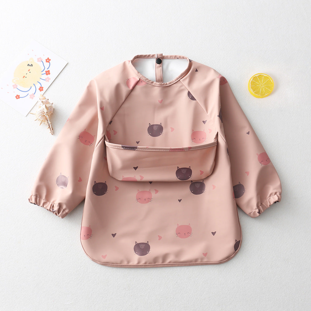 よだれかけ Pink and black cats / S Long Sleeve PU Waterproof Bib 長袖 PU 防水 お食事エプロン【mh0012236】