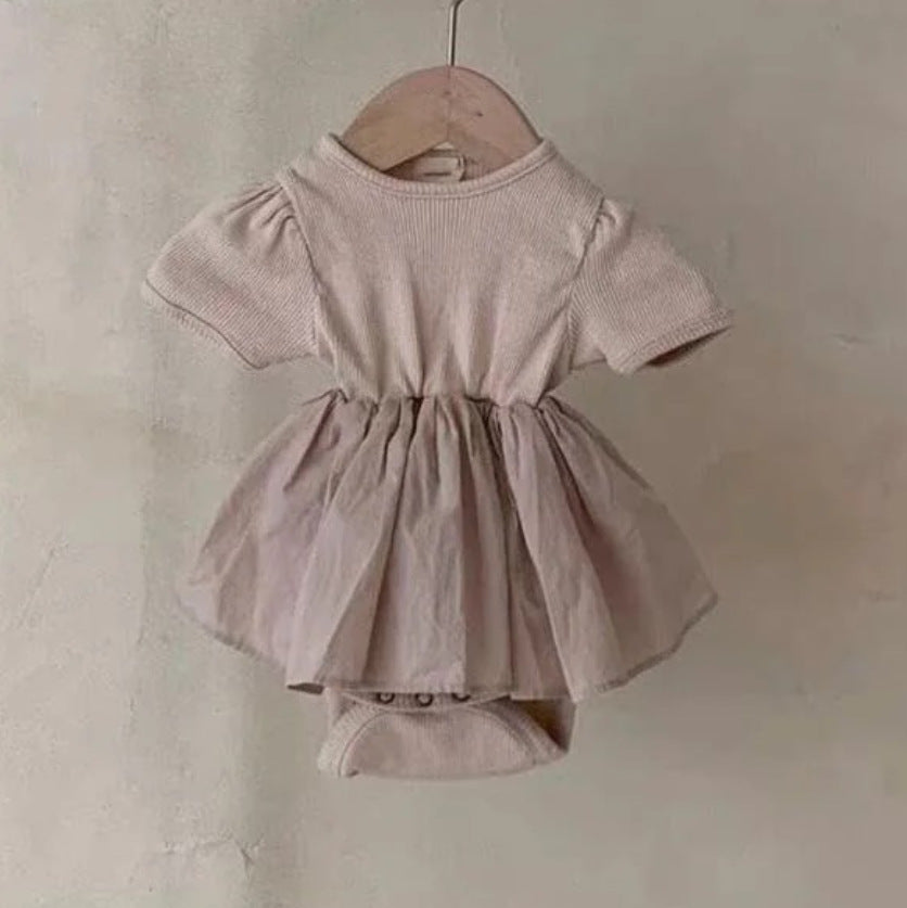 半袖ロンパース Pink Apricot short sleeve / 66cm Knitted Lace Splicing Jumpsuit リブニット レース ロンパース【mh0012235】