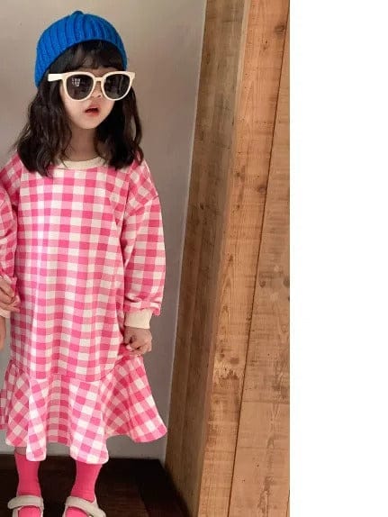 長袖ワンピース Pink Dress / 12M 80cm キッズトップス ワンピース チェック 長袖Tシャツ 長袖フレアワンピース リンクコーデ 兄弟姉妹 お揃いコーデ ピンク/ベージュ/2カラー【mh0000062】