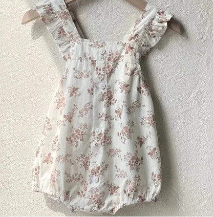 ノースリーブロンパース pink flowers / 66cm 0-6m ベビーロンパース サスペンダーフリルボディスーツ フラワー花柄プリント 2カラー