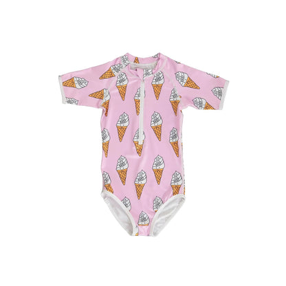 ベビー用水着 Pink Ice Baby / 80cm キッズ 水着 半袖 つなぎ ラッシュガード ワンピース ガールズ シェル ボーダー アイスクリーム スイムウェア 6スタイル【mh0002228】