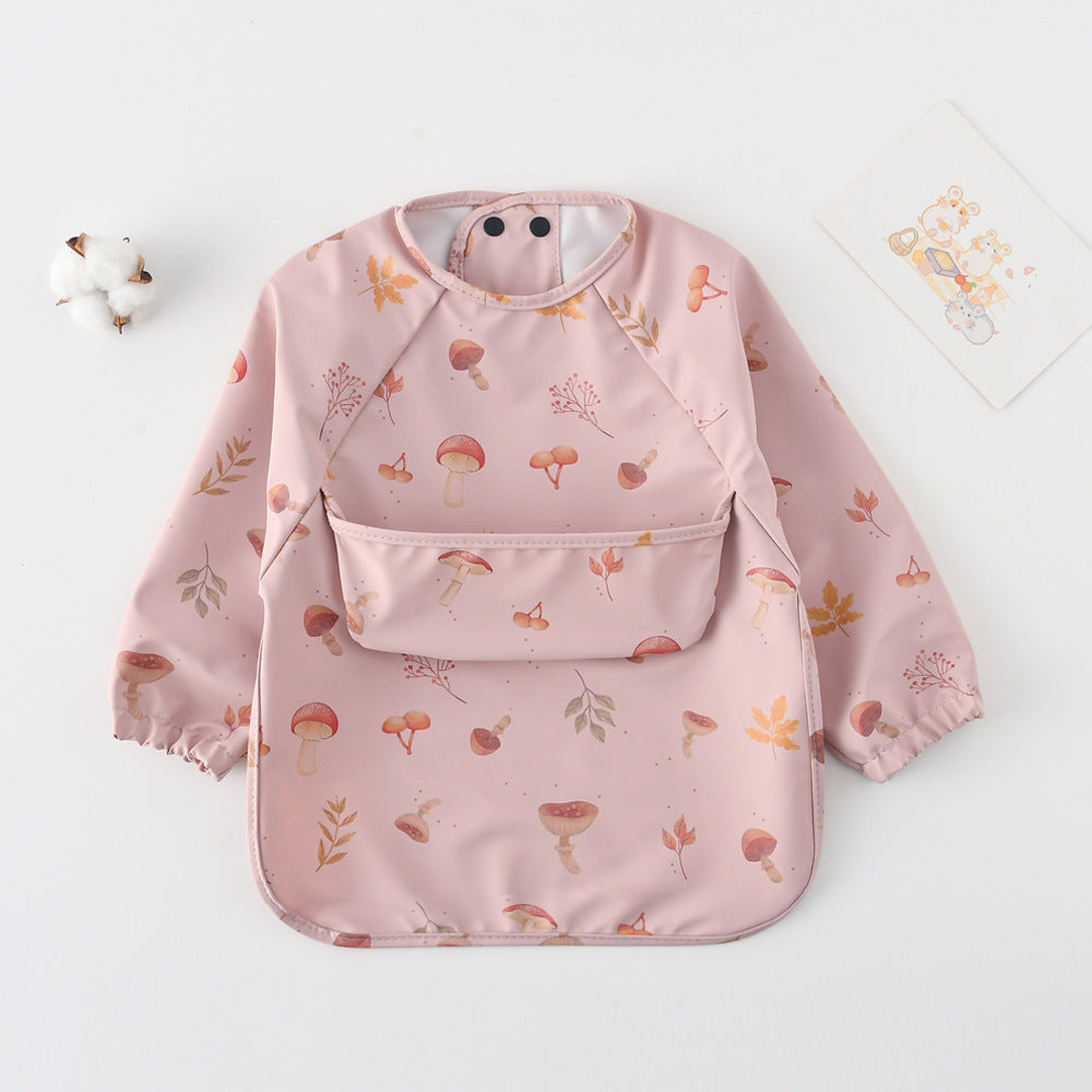 よだれかけ Pink mushrooms / S Long Sleeve PU Waterproof Bib 長袖 PU 防水 お食事エプロン【mh0012236】