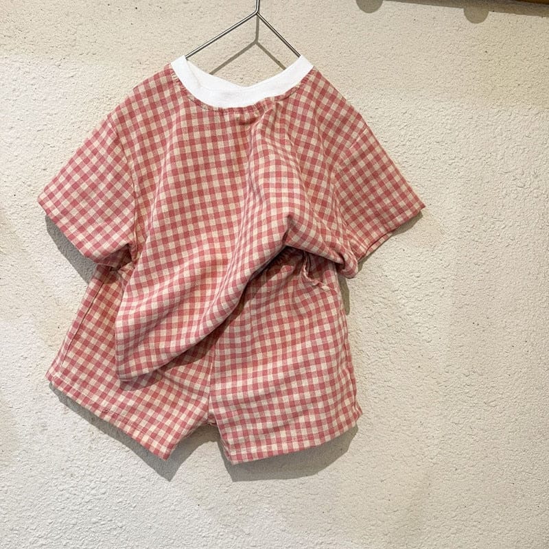 半袖セットアップ pink one set / 18M/80cm キッズ チェック 半袖 パジャマ セット Tシャツ ショートパンツ ピンク グリーン ユニセックス