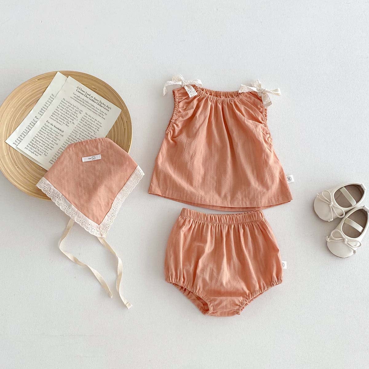 ノースリーブセットアップ Pink Orange / 66cm リボンショルダーノースリーブブラウス+ブルマパンツ+ボンネットセット【mh0010315】